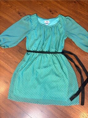 Sweet Storm Teal Polka Dot Dress with Black Sash